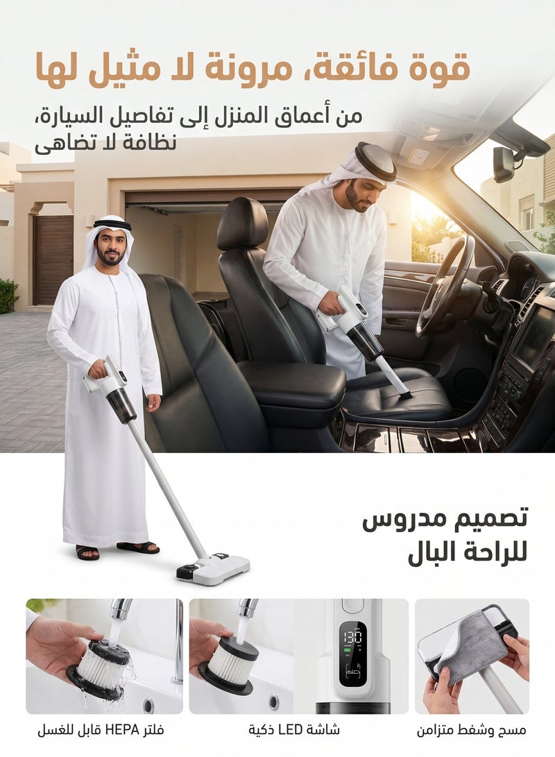 زيريفام مكنسة كهربائية لاسلكية 3 في 1، مزودة بخزان مياه وفرشاة مكنسة وممسحة، بمحرك بقوة 1100 واط، وقوة شفط تبلغ 12000 باسكال. مكنسة كهربائية يدوية طويلة مزودة بملحقات متعددة، لتنظيف المنازل والأرضيات والأرائك والسيارات - Image 2
