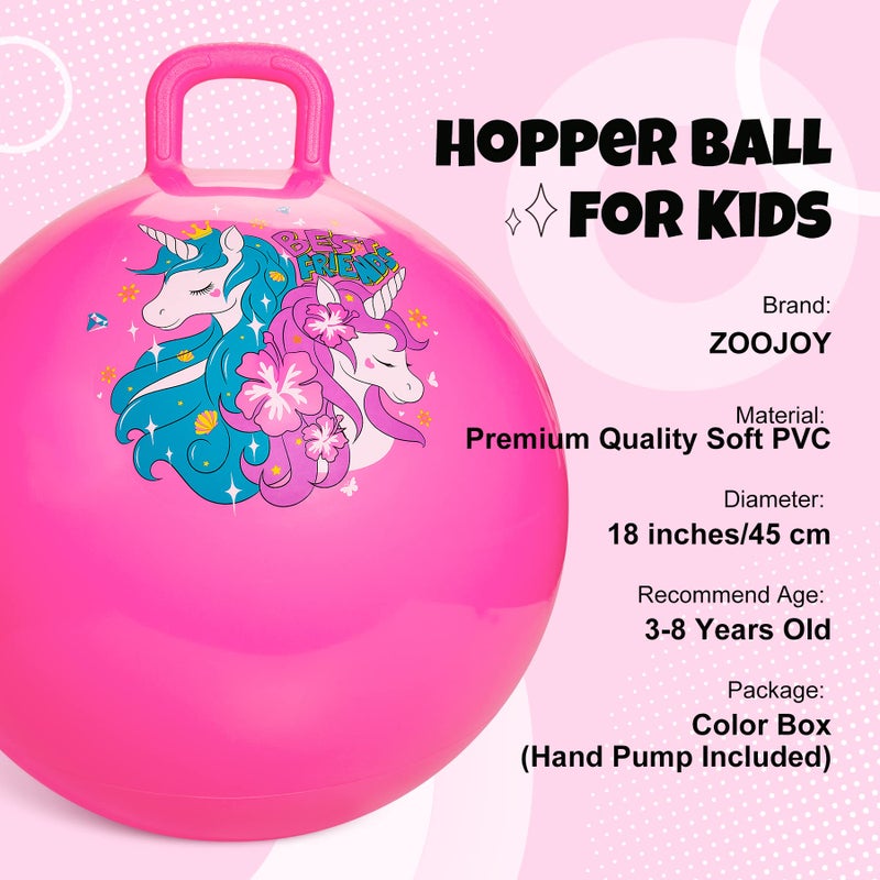 ZOOJOY Hopper Ball Pink Bouncy Balls for Kids 18 Inch Sit on Jumping Toys with Handle for Girls Gift Aged 38 Inflatable Unicorn Bounce Hopper Balls Toy with Pump - Image 3