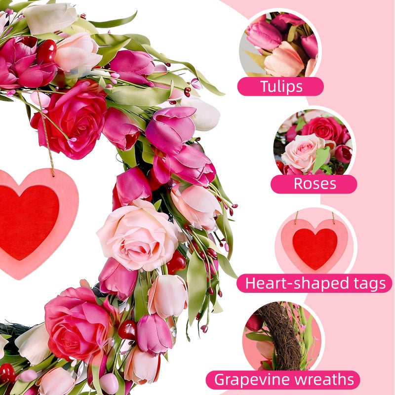 Mapaim 22" Valentineâ€™s Day Wreath with Pink & White Tulips and Roses, Romantic Tulip Wreath for Front Door (Pink-Red) - Image 3