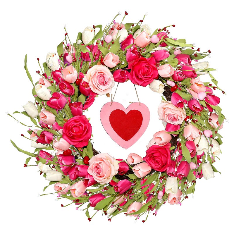 Mapaim 22" Valentineâ€™s Day Wreath with Pink & White Tulips and Roses, Romantic Tulip Wreath for Front Door (Pink-Red) - Image 1