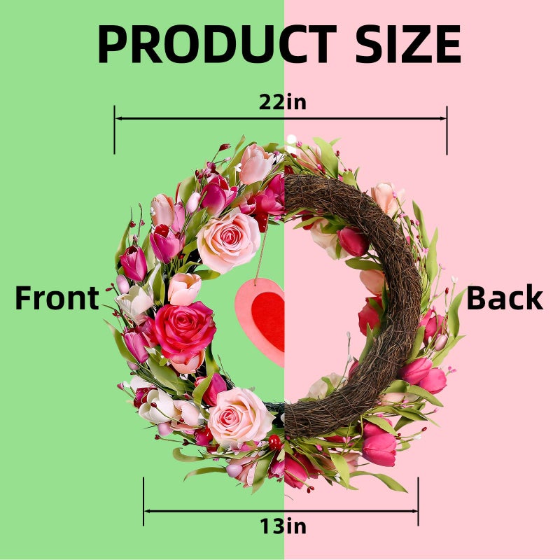 Mapaim 22" Valentineâ€™s Day Wreath with Pink & White Tulips and Roses, Romantic Tulip Wreath for Front Door (Pink-Red) - Image 2