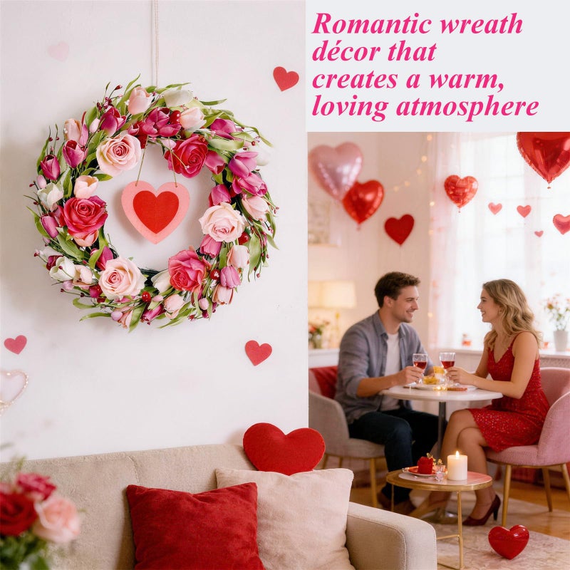 Mapaim 22" Valentineâ€™s Day Wreath with Pink & White Tulips and Roses, Romantic Tulip Wreath for Front Door (Pink-Red) - Image 4