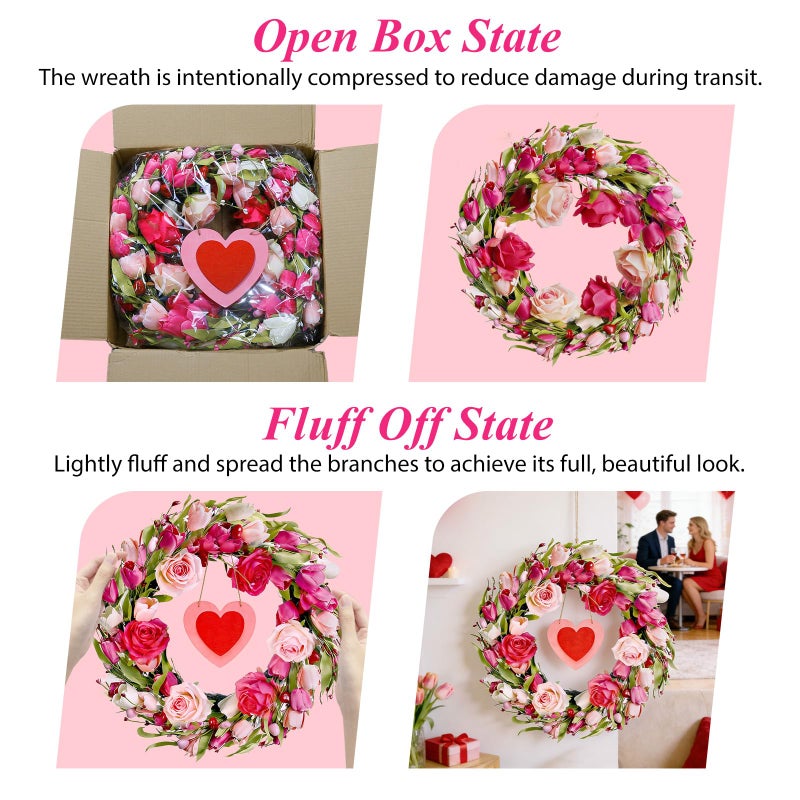 Mapaim 22" Valentineâ€™s Day Wreath with Pink & White Tulips and Roses, Romantic Tulip Wreath for Front Door (Pink-Red) - Image 5