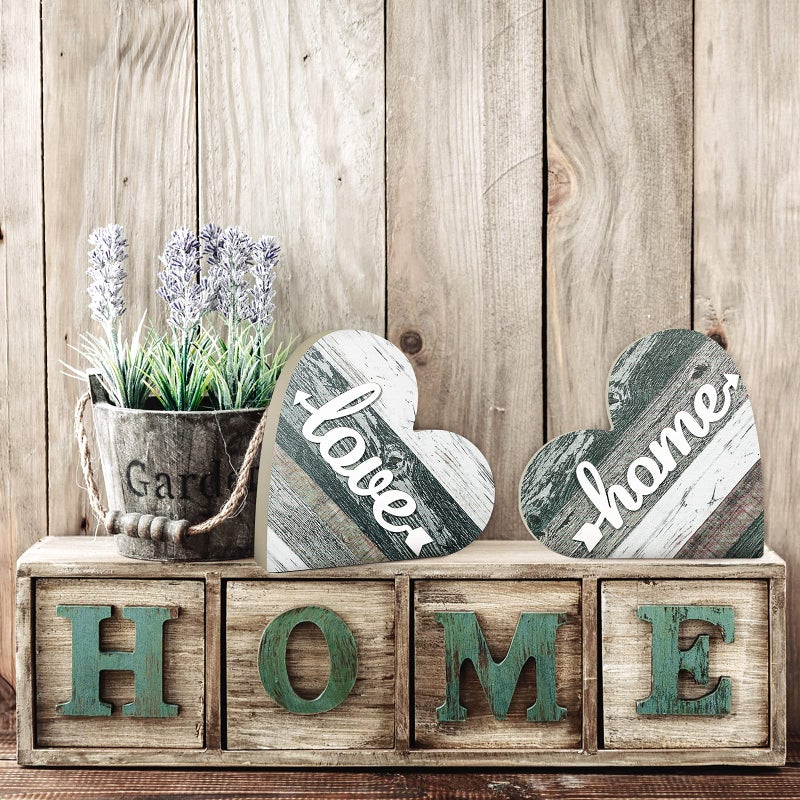 Jetec 2 Pcs Rustic Table Decorations for Living Room Home Farmhouse Table Centerpieces Small Love Wooden Heart Decor for Dining Room Shelf Housewarming Gifts New House Decoration(Vintage Style) - Image 5