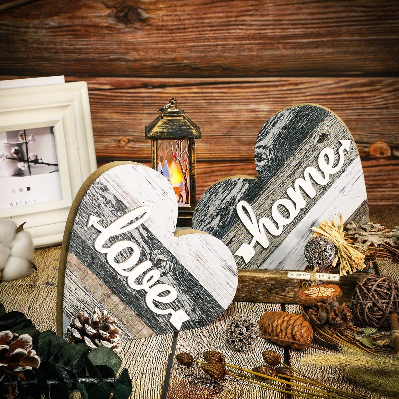 Jetec 2 Pcs Rustic Table Decorations for Living Room Home Farmhouse Table Centerpieces Small Love Wooden Heart Decor for Dining Room Shelf Housewarming Gifts New House Decoration(Vintage Style) - Image 2