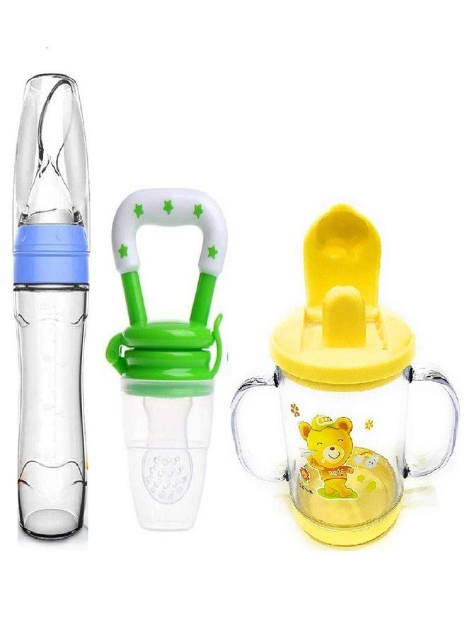 Lappu Baby Rice Paste Food Feeder with Baby Fruit Nibbler & Spout Sipper (Combo) (Blue-Green-Yellow) - Image 1