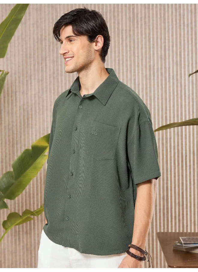Beyoung Regent Green Half Sleeve Waffle Shirt for Men