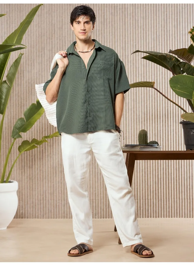 Beyoung Regent Green Half Sleeve Waffle Shirt for Men