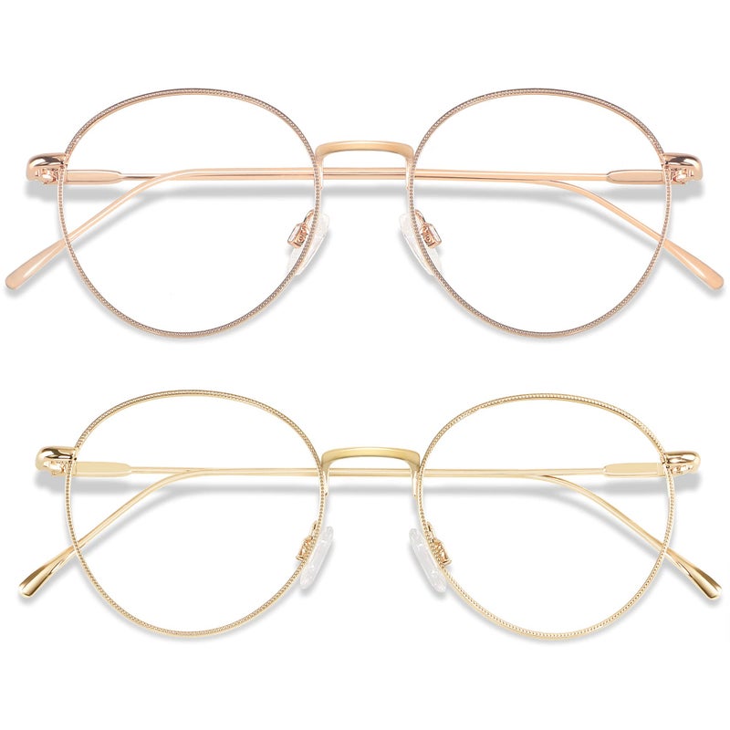 ANDWOOD Blue Light Blocking Glasses Women Men Small Face Computer 2 Pack Bluelight Blocker Super Lightweight Metal Frame Round