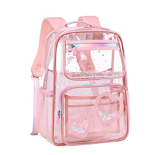 KIDNUO Clear Backpack for Girls Women Transparent Kids Elementary College School Bag Travel Laptop Backpacks Large Bookbags (Pink) - Image 1