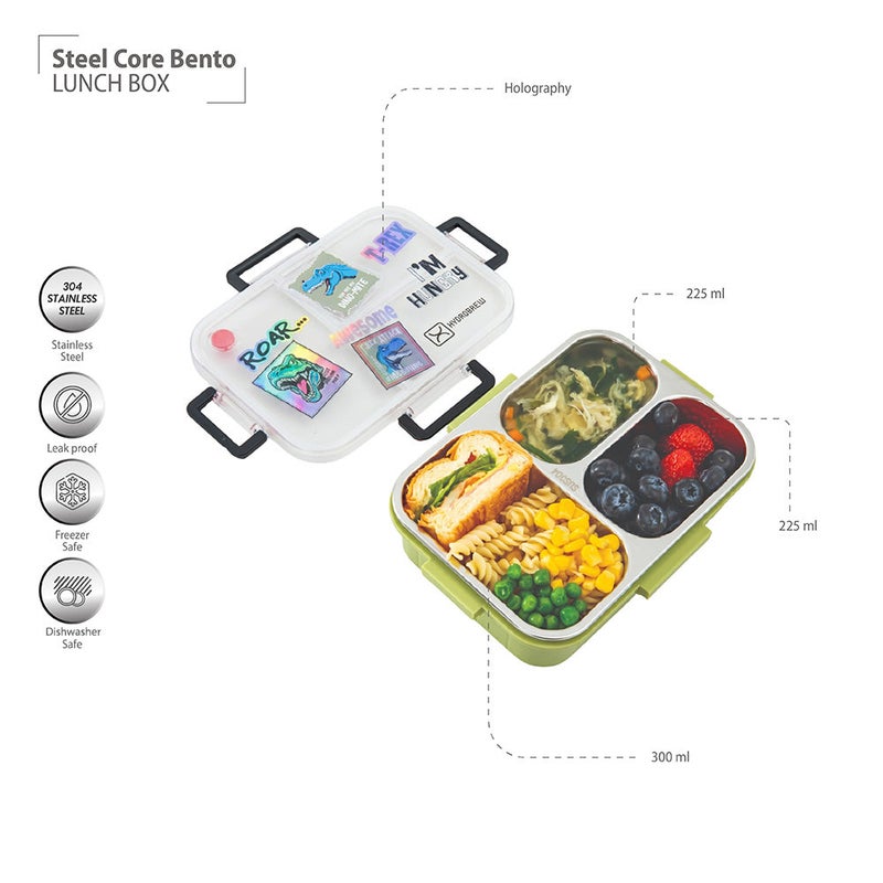 HydroBrew Steel Core Bento Lunch Box 3 Compartment 750ml – Olive Roar - Image 3