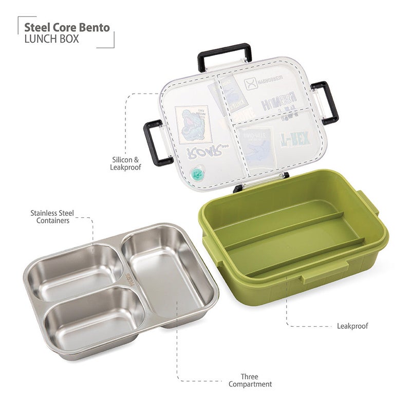 HydroBrew Steel Core Bento Lunch Box 3 Compartment 750ml – Olive Roar - Image 2