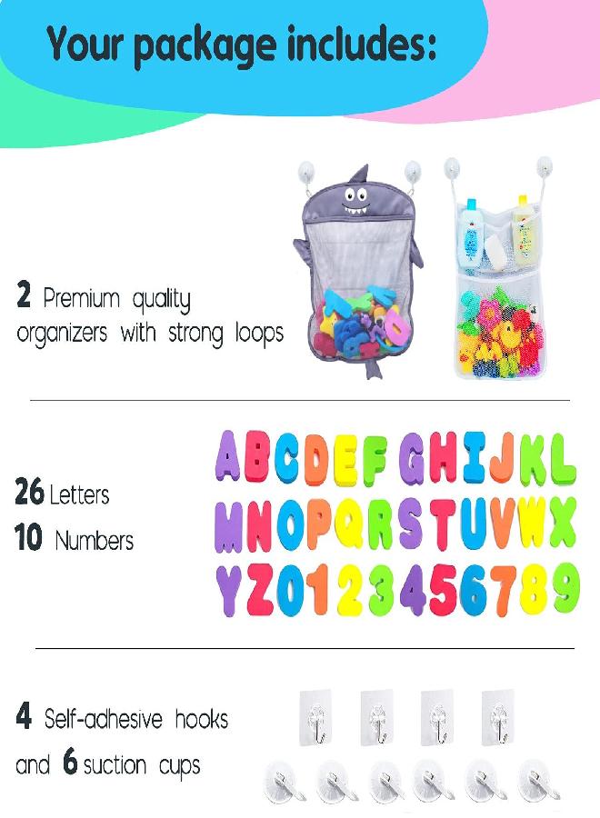 Comfylife Baby Bath Toy Organizer - Shark +36 Bath Letters & Numbers +Extra Bath Toy Storage Net & 10 Strong Hooks, Great Bath Net for Kids, Cute Bathtub Toy Organizer and Bath/Shower Caddy Solution - Image 3