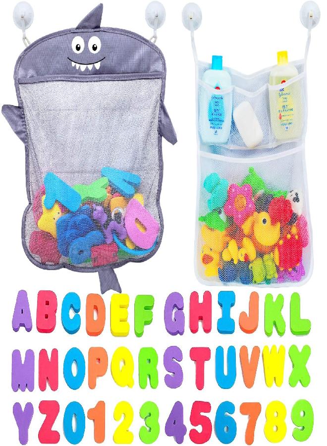 Comfylife Baby Bath Toy Organizer - Shark +36 Bath Letters & Numbers +Extra Bath Toy Storage Net & 10 Strong Hooks, Great Bath Net for Kids, Cute Bathtub Toy Organizer and Bath/Shower Caddy Solution - Image 1