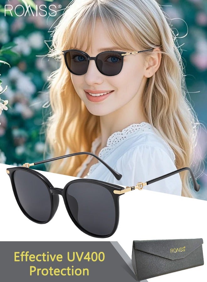 roaiss Women's Polarized Large Frame Sunglasses, UV400 Protection Round Sunglasses with Heart Pattern, Pearl Decorated Temples, Stylish Anti-glare Eyewear for Street Photography - Image 1