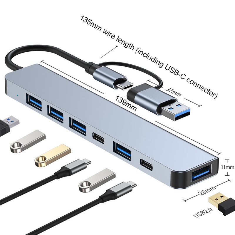 2217 محول مركز توصيل USB-A+USB-C متعدد المنافذ من 7 في 1 مع منفذ USB3.0 + 4 منافذ USB2.0 + منفذ توصيل PD + منفذ بيانات USB-C لحواسيب المحمولة والهواتف الذكية وأجهزة سطح المكتب - Image 2