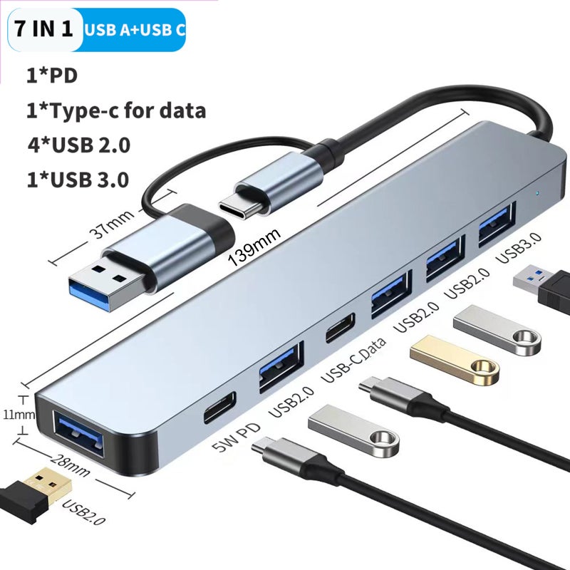 2217 محول مركز توصيل USB-A+USB-C متعدد المنافذ من 7 في 1 مع منفذ USB3.0 + 4 منافذ USB2.0 + منفذ توصيل PD + منفذ بيانات USB-C لحواسيب المحمولة والهواتف الذكية وأجهزة سطح المكتب - Image 5