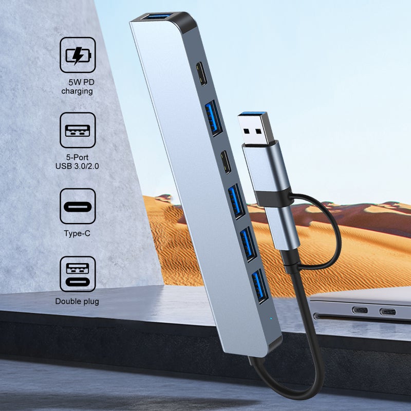 2217 محول مركز توصيل USB-A+USB-C متعدد المنافذ من 7 في 1 مع منفذ USB3.0 + 4 منافذ USB2.0 + منفذ توصيل PD + منفذ بيانات USB-C لحواسيب المحمولة والهواتف الذكية وأجهزة سطح المكتب - Image 3