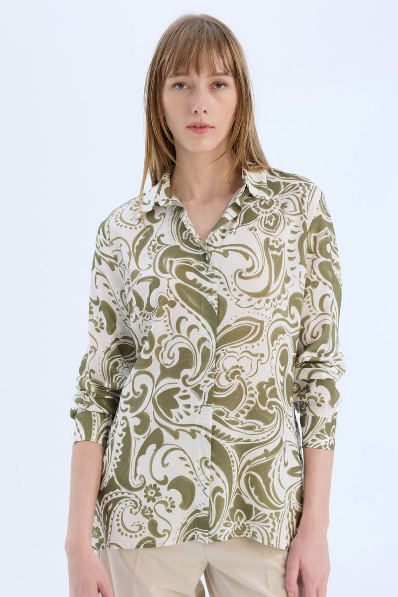 DeFacto Green Woman Oversize Shirt Collar Printed Long Sleeve Tunic Casual - Image 1