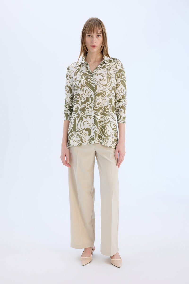 DeFacto Green Woman Oversize Shirt Collar Printed Long Sleeve Tunic Casual - Image 2