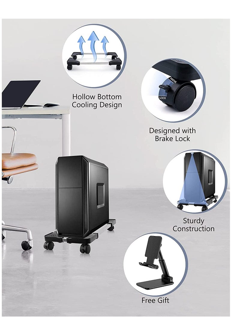 Generic - Mobile CPU Stand Adjustable Computer Tower Stand with 4 Caster Wheels Fits Most PC, CPU Rolling Stand, Mobile PC Holder with Locking Caster Wheels Black - Image 1