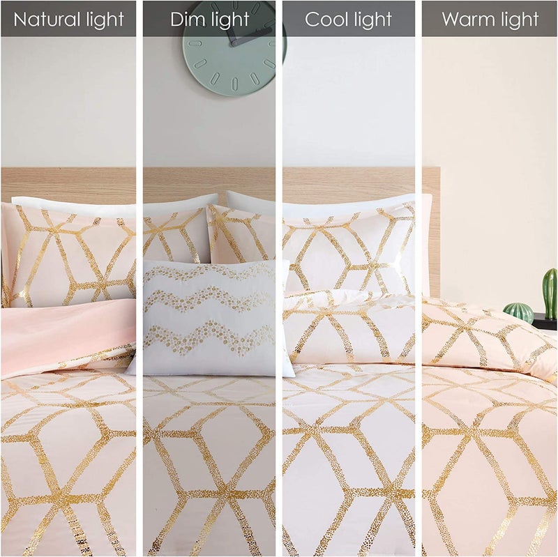 Comfort Spaces Vivian Comforter Set Ultra Soft All Season Lightweight Modern Geometric Glam Metallic Print Bedding, Matching Sham, Decorative Pillow, Twin/Twin XL, Geometric Blush/Gold - Image 4