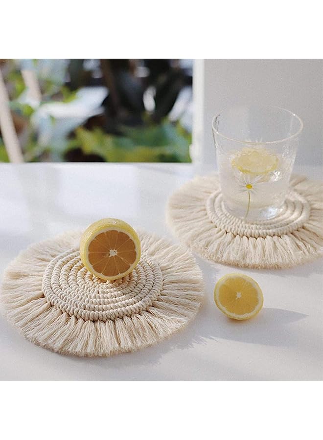 erorex Coasters With Tassels For Drinks Cup Absorbent Woven Handmade Bohemian Coffee Aromatherapy Decor Heat Protection Mat For Home Office Coffee Wooden Table Table Decor Cream 2Pcs - Image 4