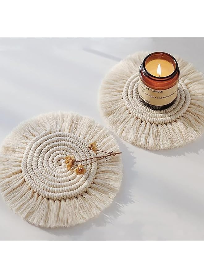 erorex Coasters With Tassels For Drinks Cup Absorbent Woven Handmade Bohemian Coffee Aromatherapy Decor Heat Protection Mat For Home Office Coffee Wooden Table Table Decor Cream 2Pcs - Image 3