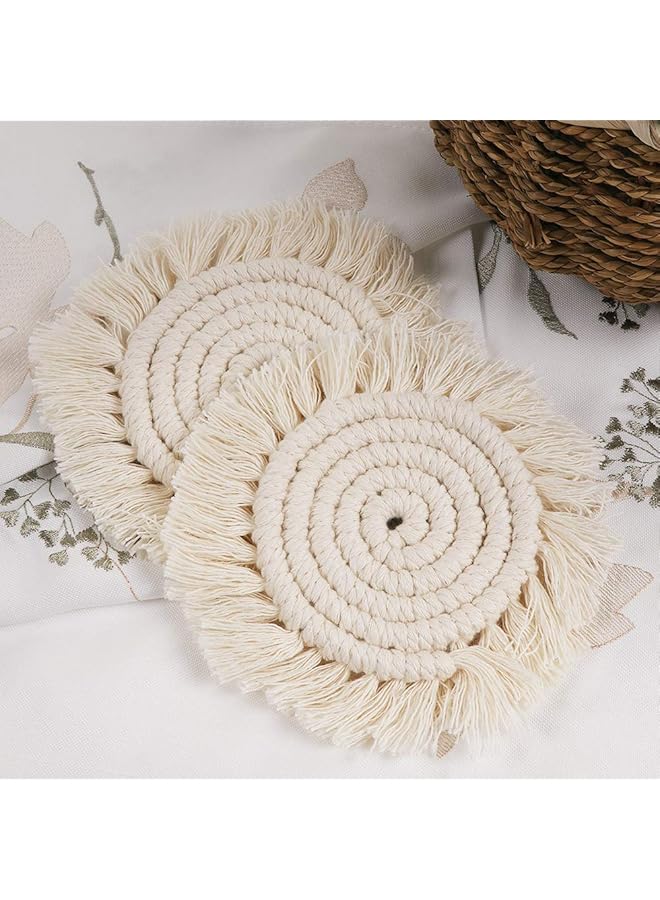 erorex Coasters With Tassels For Drinks Cup Absorbent Woven Handmade Bohemian Coffee Aromatherapy Decor Heat Protection Mat For Home Office Coffee Wooden Table Table Decor Cream 2Pcs - Image 2
