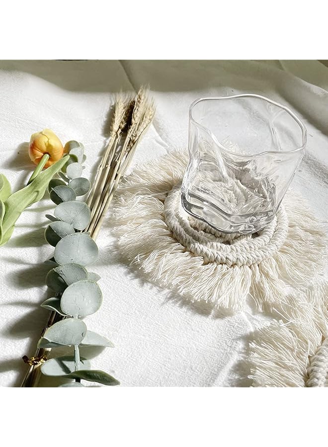 erorex Coasters With Tassels For Drinks Cup Absorbent Woven Handmade Bohemian Coffee Aromatherapy Decor Heat Protection Mat For Home Office Coffee Wooden Table Table Decor Cream 2Pcs - Image 5