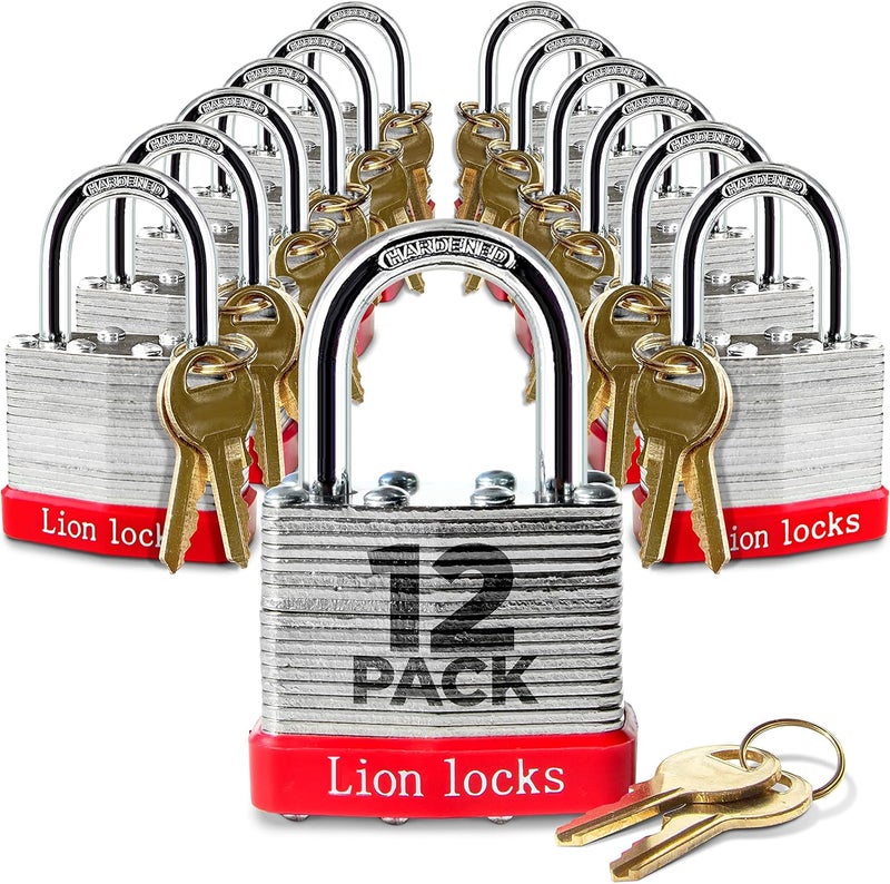 Lion Locks 12 Keyed-Alike Padlocks w/ 1.25” Shackle, 24 Keys, Hardened Steel Case, Brass Cylinder (12-Pack) - for Hasp Latch, Sheds, Fences, Storage Locker, School, Gym - Image 1