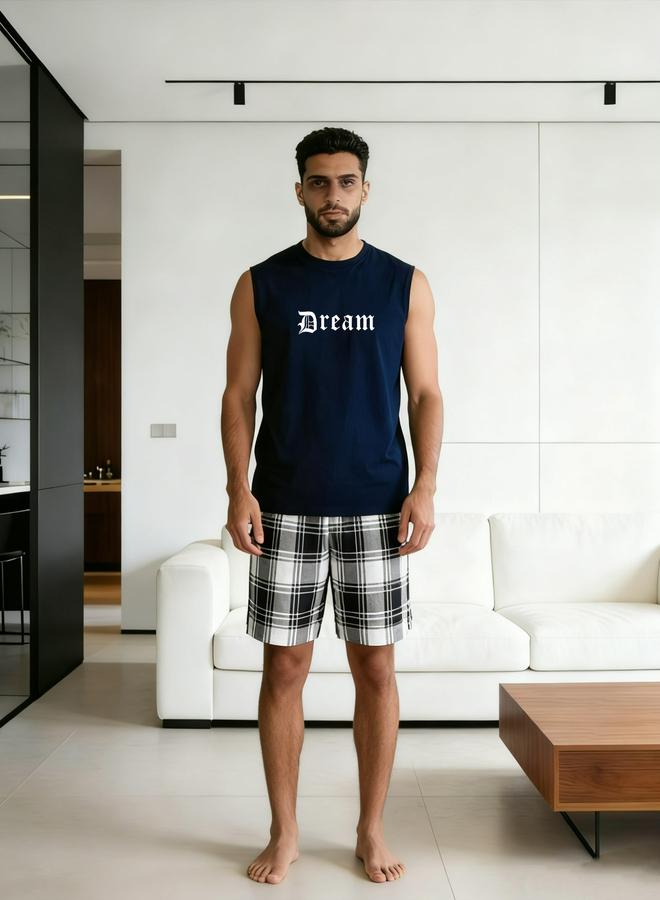 تايك تو طقم بيجاما من شورت كاروهات وتيشيرت كت للرجال - Image 1