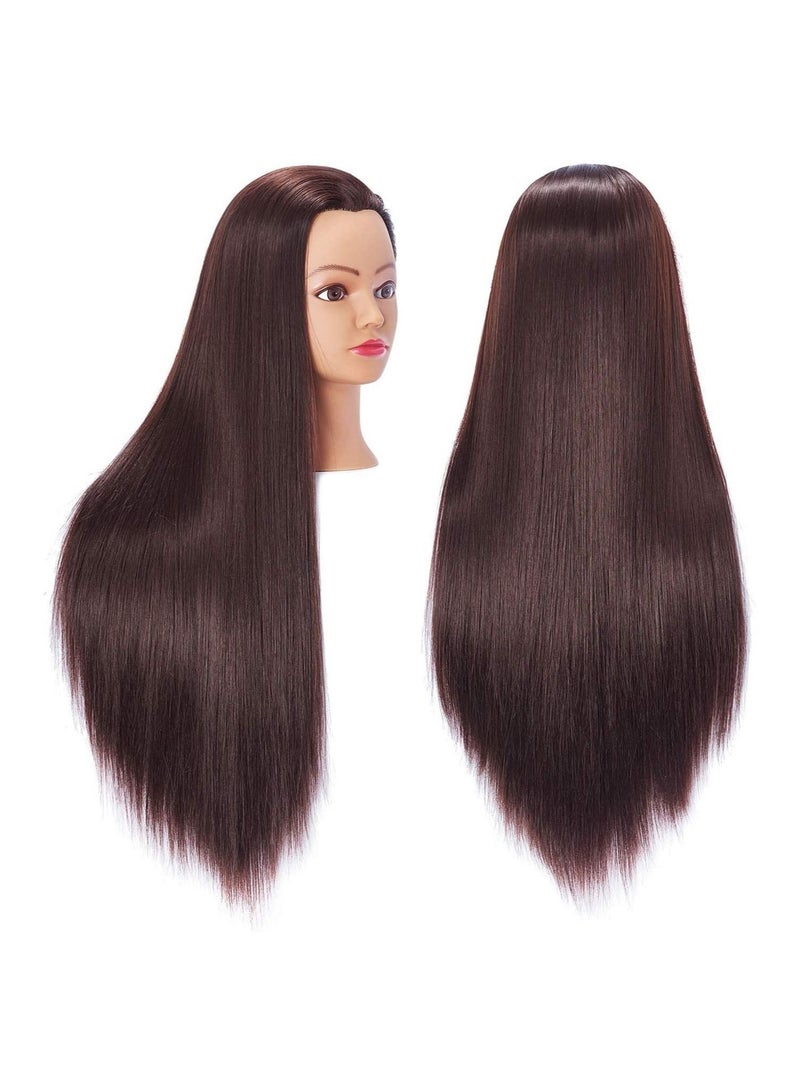 إستيل رأس عارضة أزياء للتدريب على تصفيف الشعر ، رأس دمية مانيكين للتجميل ، رأس من الألياف الاصطناعية للشعر وحامل مشبك مجاني بني داكن - Image 1