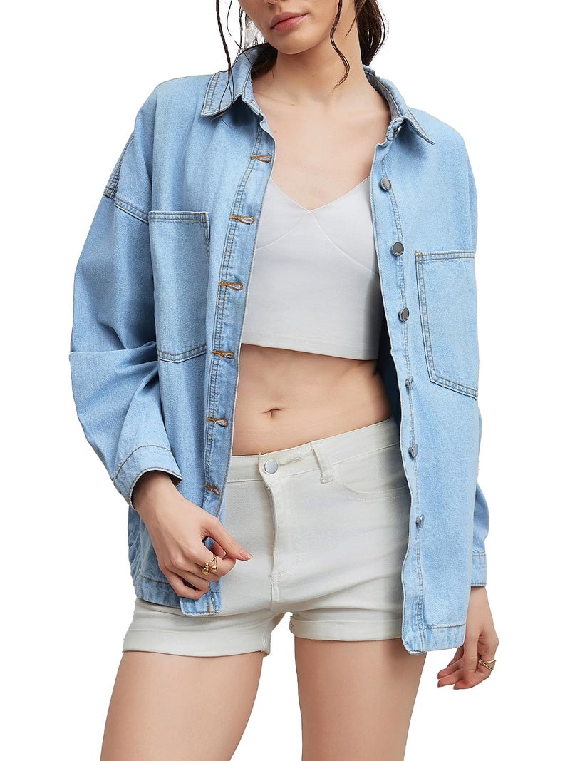 LifeShe Women's Oversize Denim Jean Jacket Shacket Long Sleeve Boyfriend Blue Jean Shirts Women - Image 2