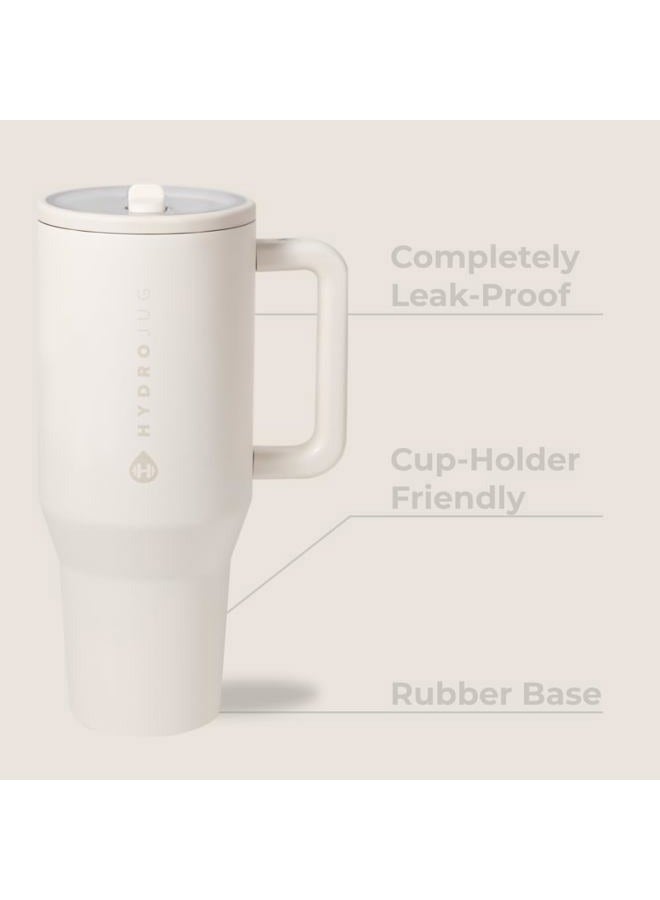 HydroJug مسافر - زجاجة ماء سعة 40 أونصة مع مقبض وقشة قابلة للطي - تناسب حاملة الأكواب، كوب مقاوم للتسرب - قابلة لإعادة الاستخدام من الفولاذ المقاوم للصدأ وقاعدة مطاطية - هدايا للنساء والرجال، كريمي - Image 2