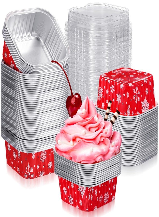 Suttmin 100 Pcs Christmas Aluminum Cups Foil Cupcake Container with Lids 5 oz Xmas Square Foil Pan Holder Mini Disposable Ramekins Cake for Xmas Party(Snowflake) - Image 1