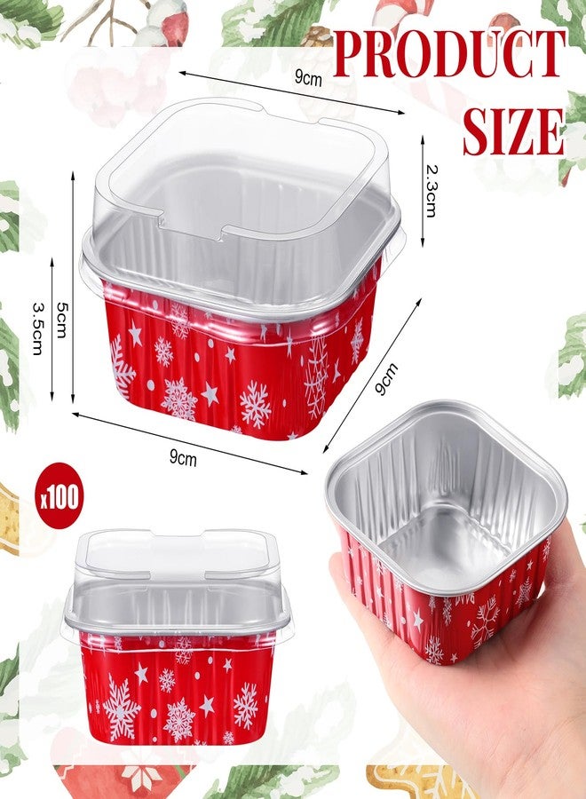 Suttmin 100 Pcs Christmas Aluminum Cups Foil Cupcake Container with Lids 5 oz Xmas Square Foil Pan Holder Mini Disposable Ramekins Cake for Xmas Party(Snowflake) - Image 2