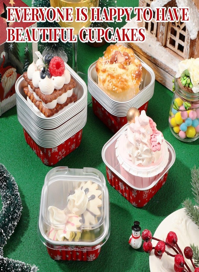 Suttmin 100 Pcs Christmas Aluminum Cups Foil Cupcake Container with Lids 5 oz Xmas Square Foil Pan Holder Mini Disposable Ramekins Cake for Xmas Party(Snowflake) - Image 4