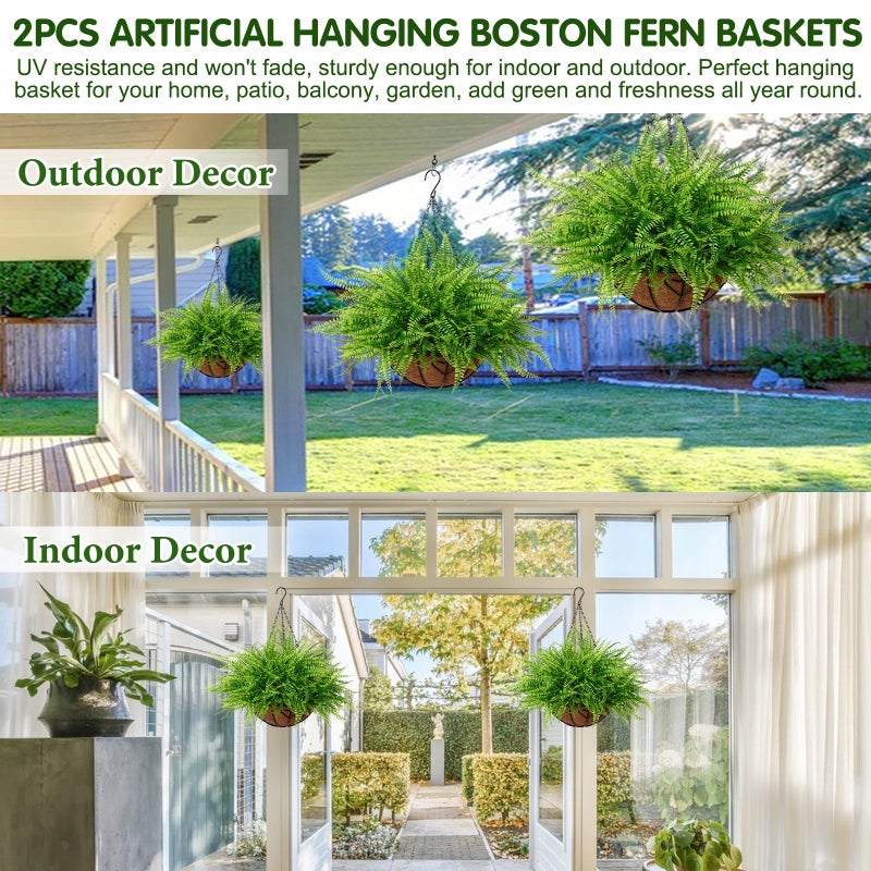 KHOYIME Artificial Hanging Plants with Basket 2PCS Fake Boston Fern Baskets, Outdoor Faux Greenery Stems Hanging Decor UV Resistant Indoor Outside Decorations for Home Garden Porch Balcony Patio Yard - Image 5