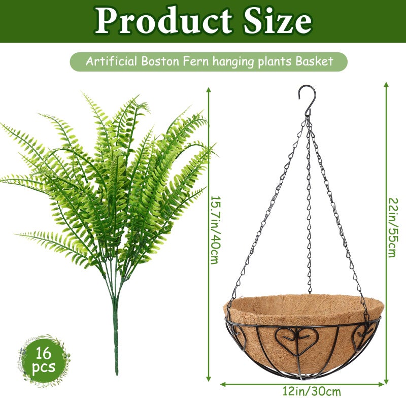 KHOYIME Artificial Hanging Plants with Basket 2PCS Fake Boston Fern Baskets, Outdoor Faux Greenery Stems Hanging Decor UV Resistant Indoor Outside Decorations for Home Garden Porch Balcony Patio Yard - Image 3