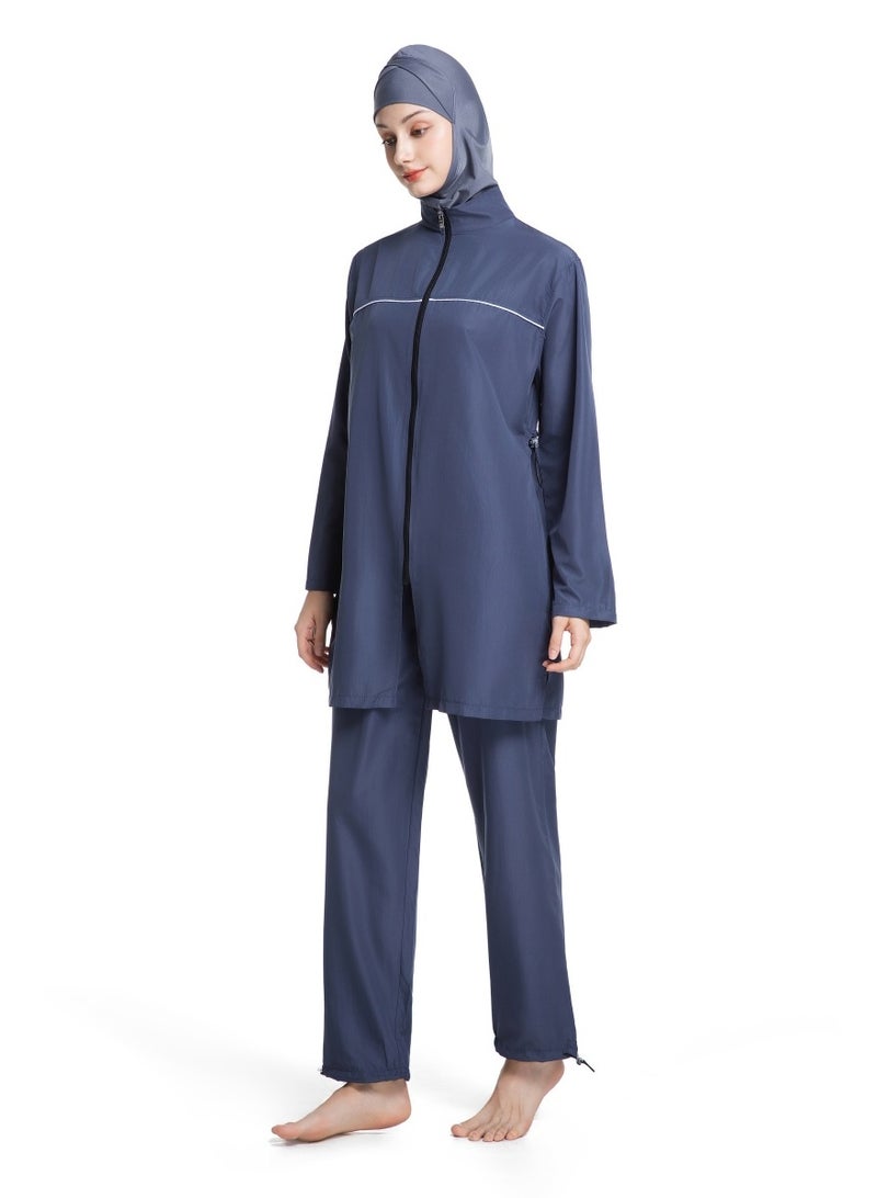 3-Piece Muslim Women's Conservative Swimwear Set Summer Casual Comfortable UV Protection Long Sleeve Zip-Up Swimsuit Lightweight Beach Attire - Image 1
