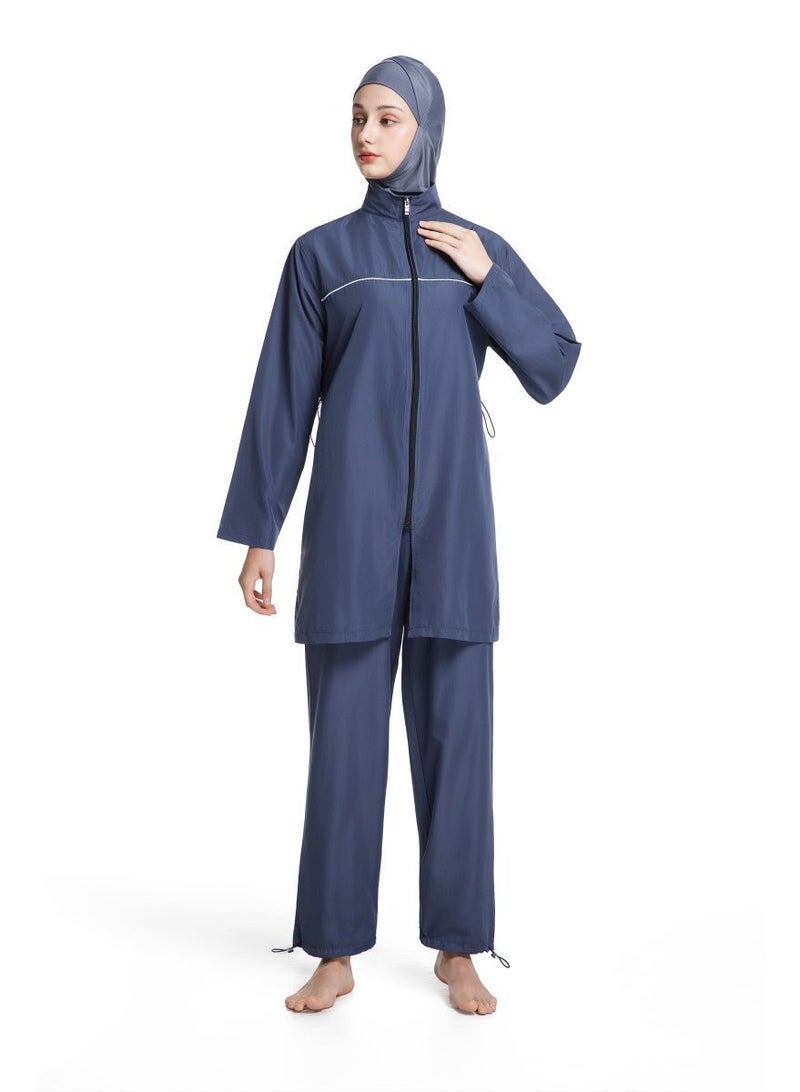 3-Piece Muslim Women's Conservative Swimwear Set Summer Casual Comfortable UV Protection Long Sleeve Zip-Up Swimsuit Lightweight Beach Attire - Image 5