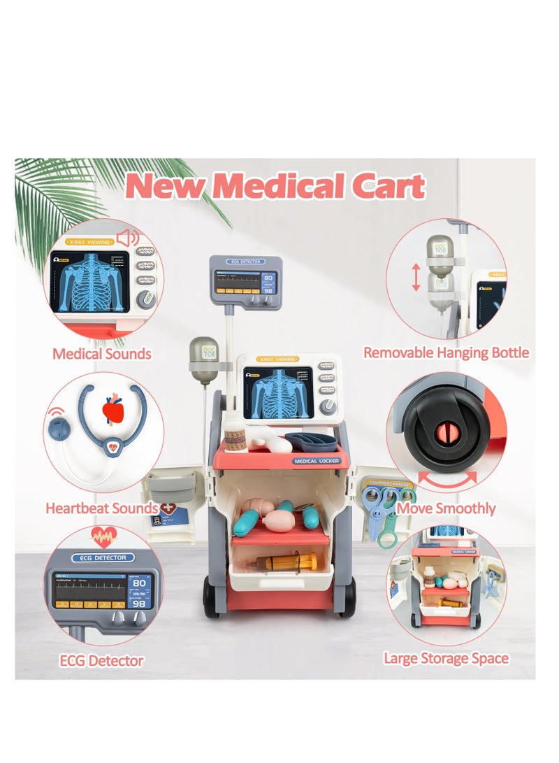 Kids Medical Cart Playset - Toy Doctor Kit with Realistic Sounds, Mobile Medical Station for Pretend Play, Perfect Gift for Toddlers 3-5, Ideal for Boys and Girls (Pink) - Image 3