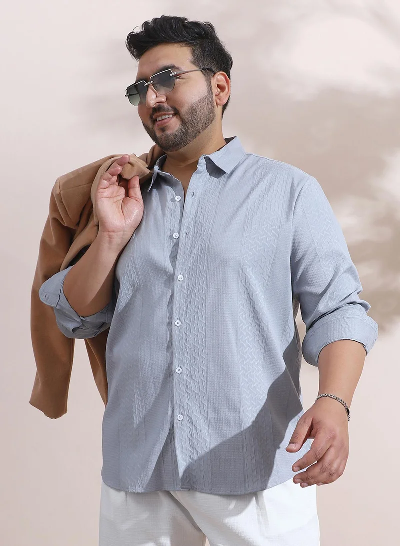 Men's Cloud Grey Tactile-Panel Shirt For Casual Wear | Spread Collar | Long Cuffed Sleeves | Button Closure | Plus Size Shirt Crafted With Comfort Fit For Everyday Wear