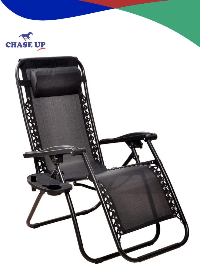 Chase Up Outdoor Lounges Chair Foldable Camping Chair, Zero Gravity Adjustable Beach Chair and Garden Chair with Pillows Cup Holders for Poolside Backyard and Beach,Black - Image 1