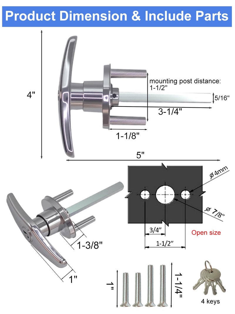 Quality Life Garage Door Lock T-Handle Locks Latch Replacement Parts With 4 Keys, Mounting Hardware Included, Fit 1-3/8"" To 2"" Thick Doors, T-Handles Locking Set For Garage Door - 1Pack - Image 3
