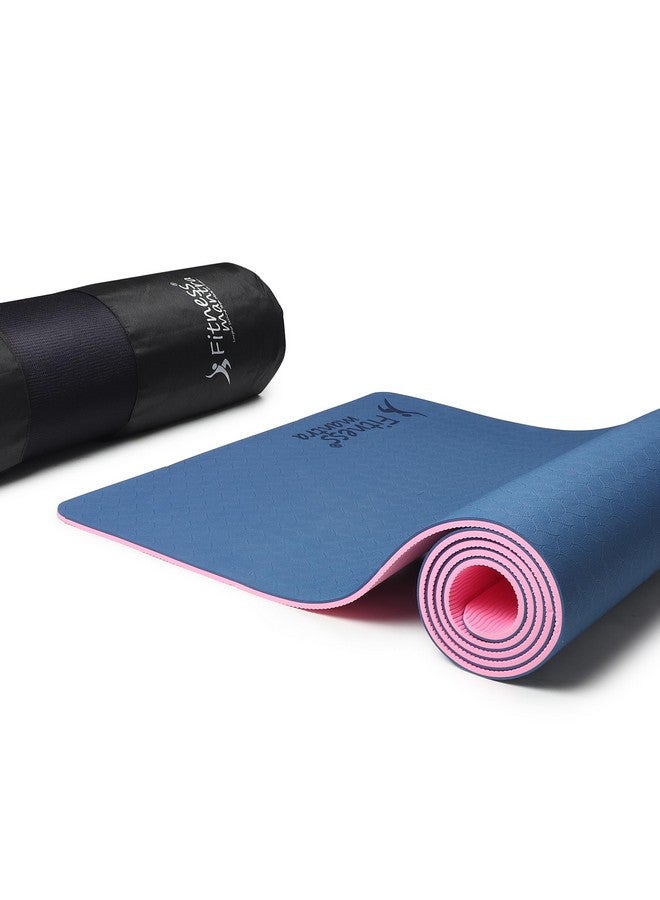 Fitness Mantra® TPE Dual Color Anti-Slip Yoga Mat with Cover Bag for Gym Workout and Yoga Exercise for Men & Women Fitness| 1 Piece| 6mm| 24"x72"| Dual Color| Premium| Navy + Pink|