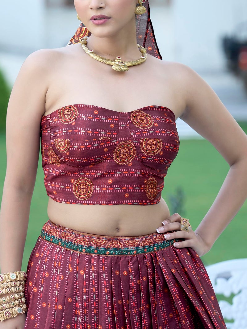 PURVAJA Women's Chinon/Art Silk Semi-Stitched Lehenga choli (Hiya-Wine_Free Size) - Image 3