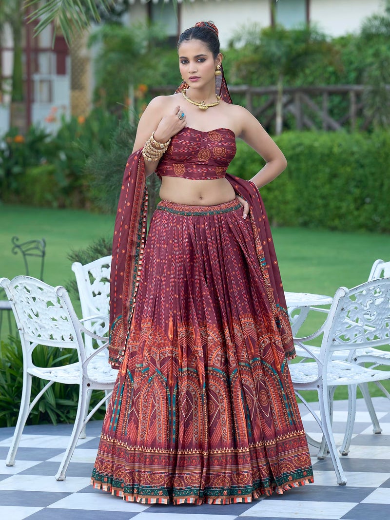PURVAJA Women's Chinon/Art Silk Semi-Stitched Lehenga choli (Hiya-Wine_Free Size) - Image 2
