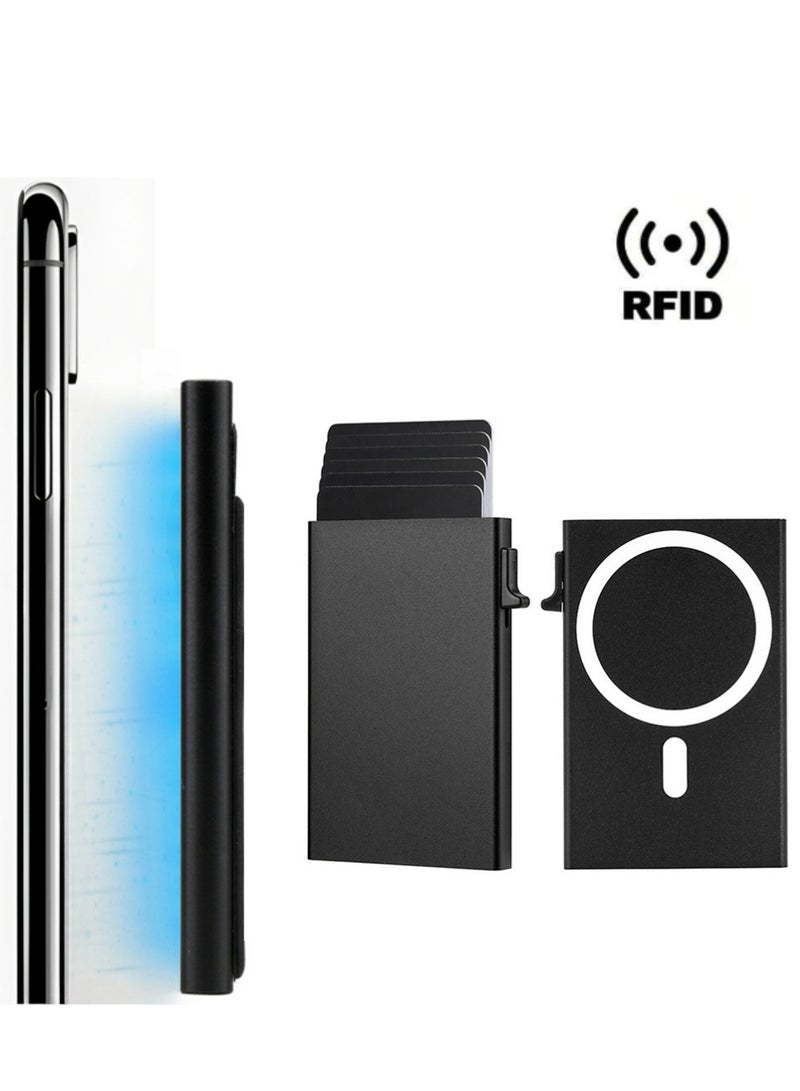 SYOSI Card Holder Wallet, Minimalist Pop up Wallet for Men RFID Blocking Slim Business Credit Card Wallet with Money Pocket Aluminum Metal Bank Card Case Black Design for Airtag Cash Coins & Credit Cards - Image 1
